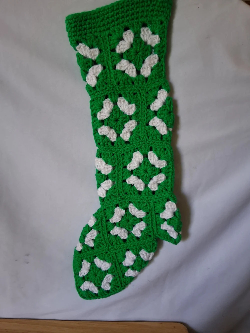 Handmade Green and White Crochet Holiday Stocking